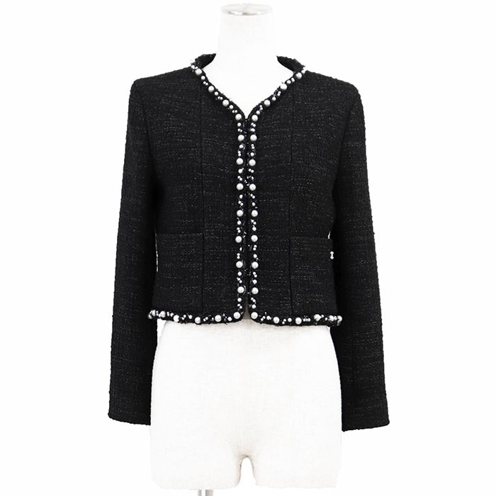 【新品同様】CHANEL シャネル ジャケット ツイード サイズ 36 レディース P78982 2025SS COCOマーク ロゴ チャーム フェイクパール ラインストーン ボタン アウター 袋付属 ブラック 黒 フランス製