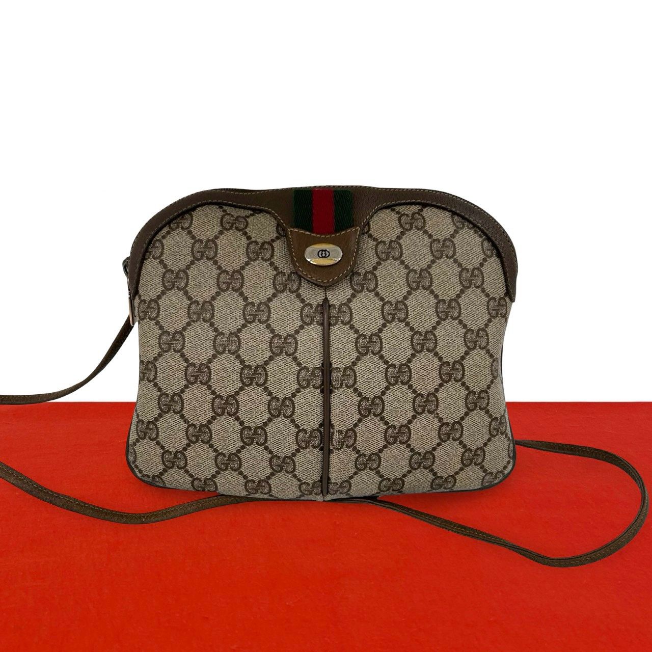 極 美品 GUCCI グッチ オールドグッチ ヴィンテージ シェリーライン GGロゴ 金具 レザー 本革 ショルダーバッグ サコッシュ ブラウン 74021