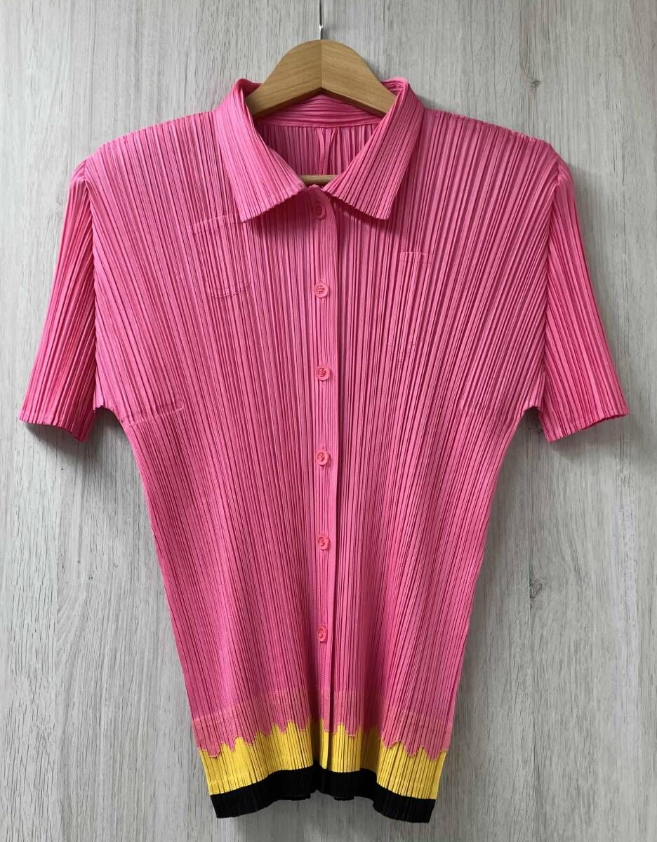 PLEATS PLEASE ISSEY MIYAKE PP81-JJ676 プリーツ プリーズ イッセイ ミヤケ 半袖 プリーツ シャツ サイズ3 ピンク イエロー ブラック