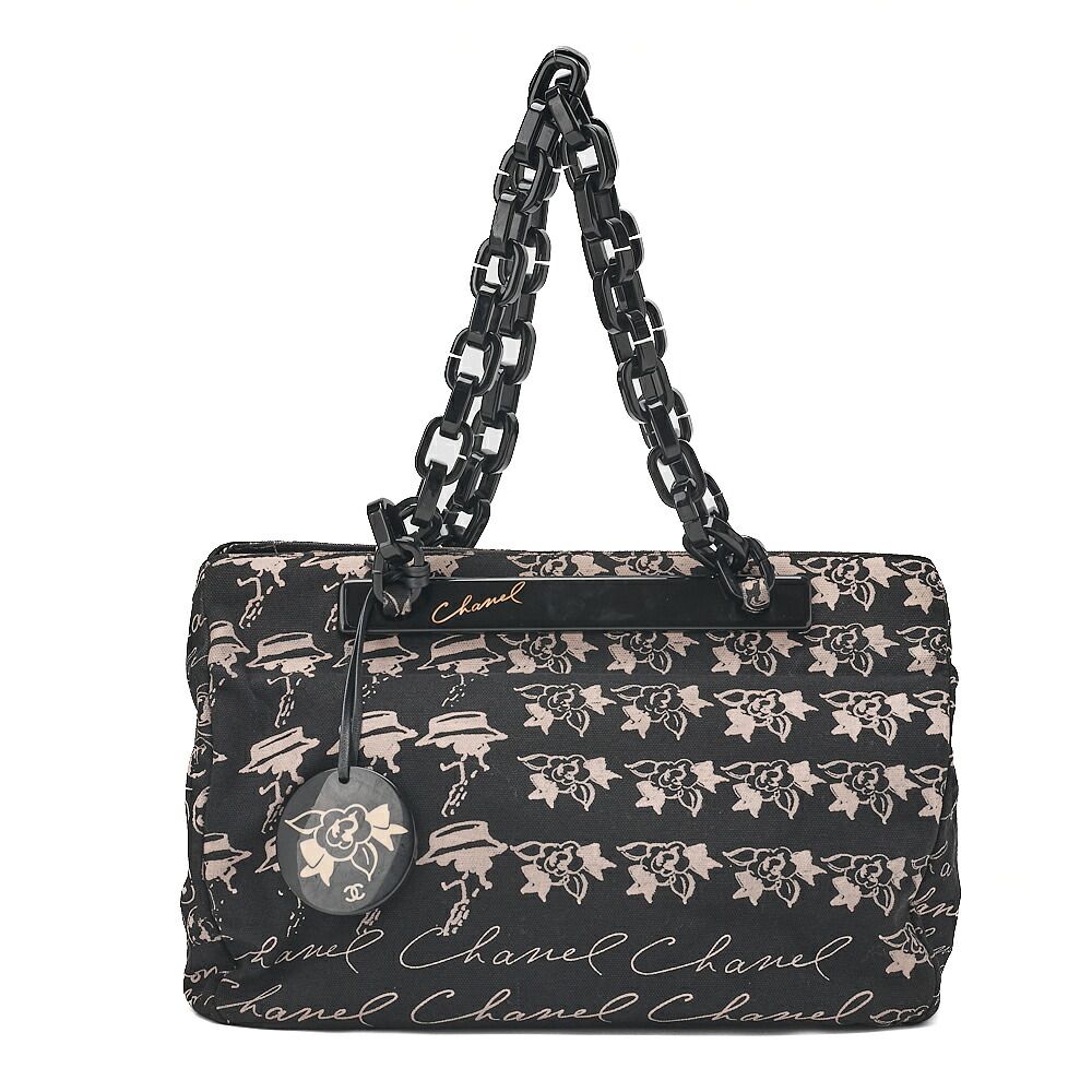 CHANEL シャネル　カメリア　キャンバス　プラチェーントートバッグ　黒ｘベージュ（シルバー金具）ブランド【中古】【送料無料】 108,000円