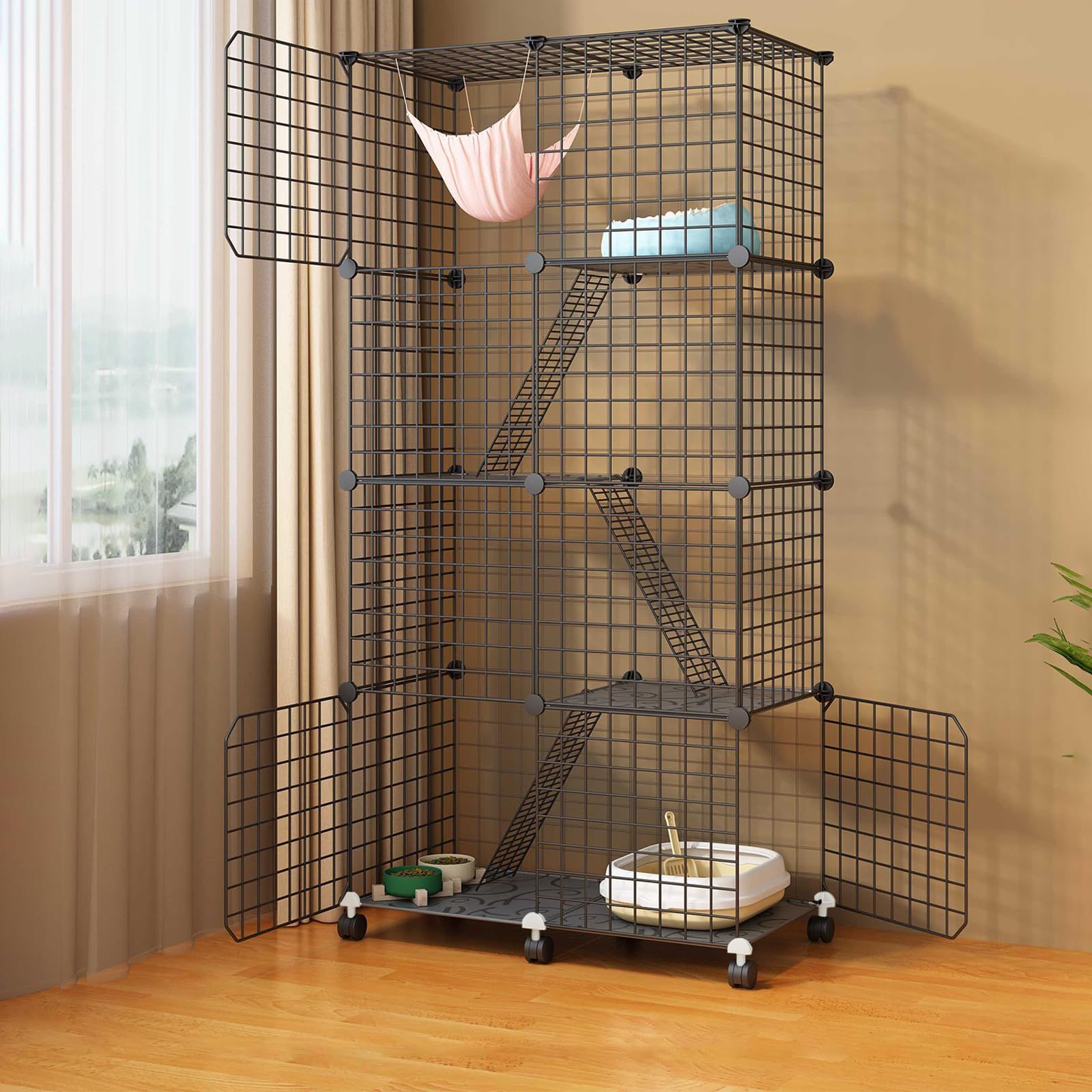 UYTON 猫ケージ 組み立て完成サイズ 猫ハウス 4段[ 75*36*152cm] [ブラック]大型猫用 室内用猫のゲージ 移動便利 折り畳み式 組立簡単 取り外し可能なペット用品 室内飼い DIY 組え 組み換え自由な棚板お手 室内遊び用 b5ff973b 6,446円