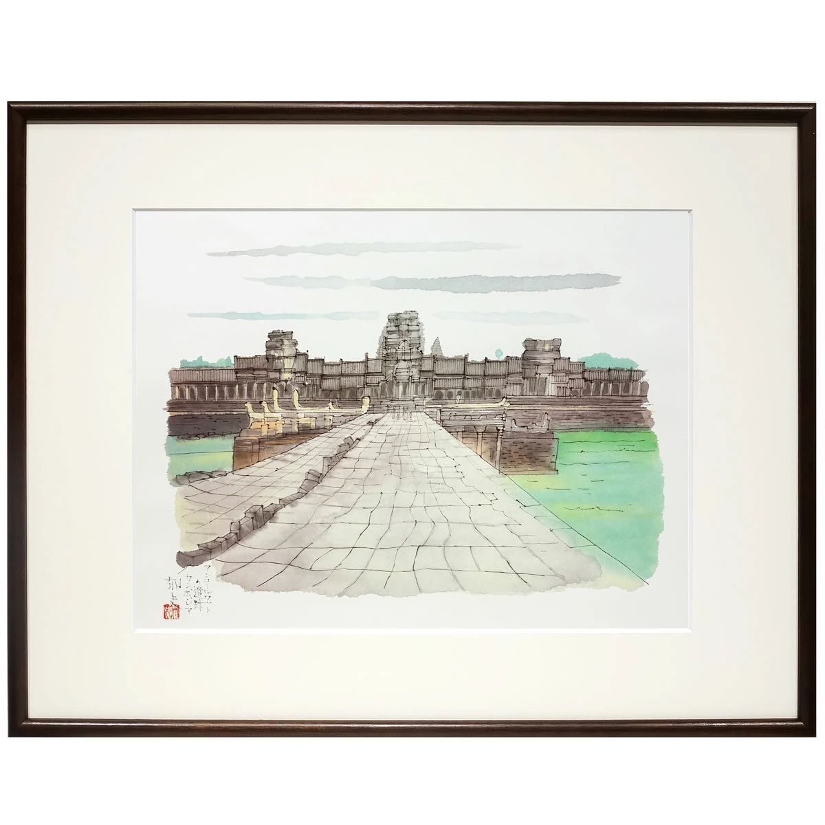 絵画 平山郁夫「アンコールワットの遺跡」額付き 複製画 スケッチ 素描 【カンボジア】 風景画 画集・遙かなる旅より 真作保証 額装絵画 インテリア 美術品 ギフト　YE641-18