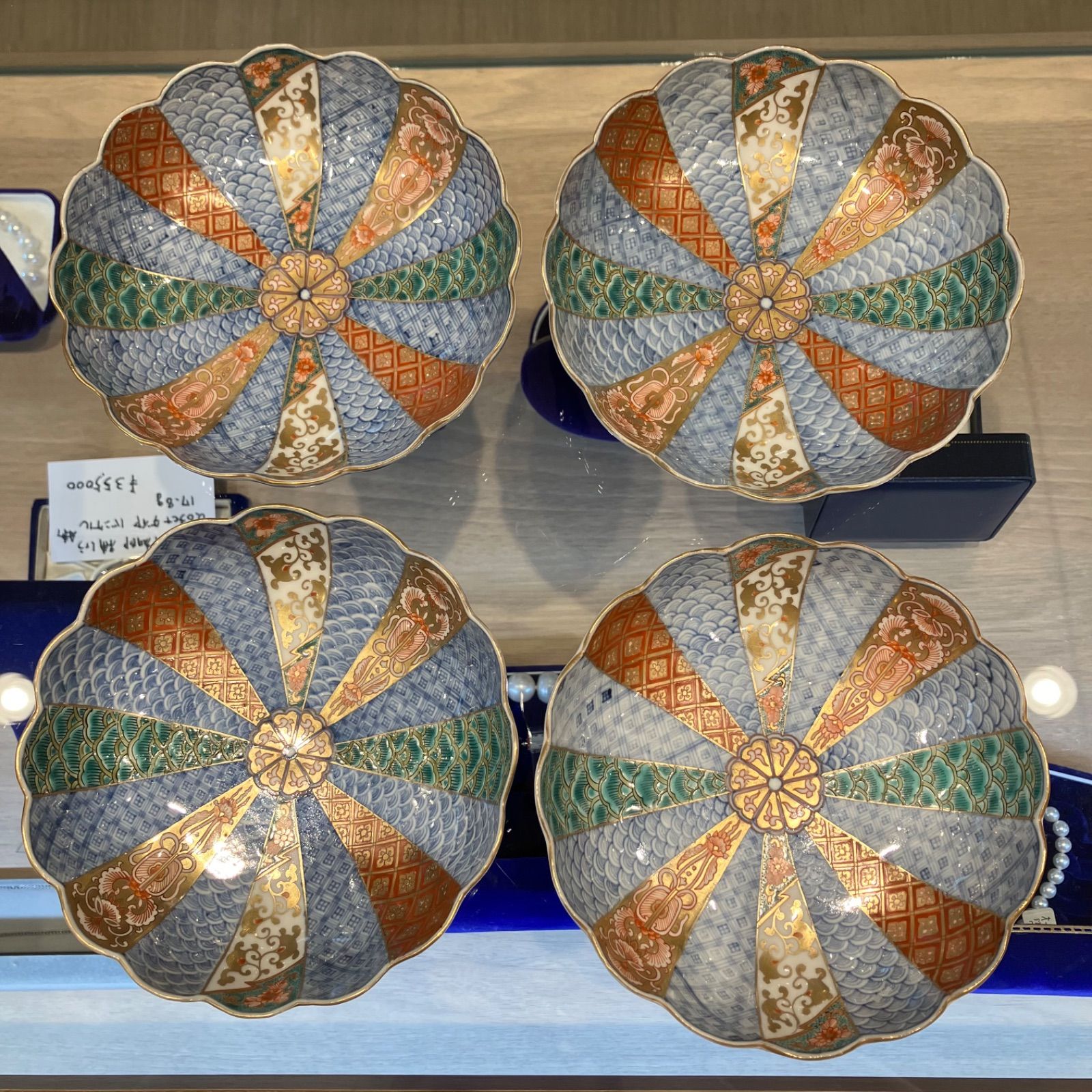 古伊万里　金襴手　極彩色　菊割皿　w15cm 4枚セット　新C8-0806☆