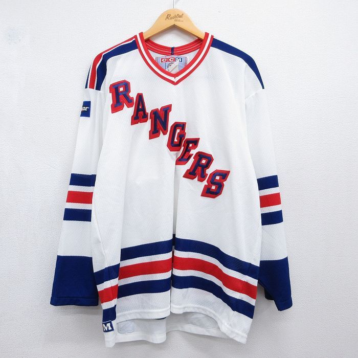 XL/古着 長袖 ビンテージ Tシャツ アイスホッケー ジャージ メンズ 90年代 90s NHL ニューヨークレンジャーズ 刺繍 Vネック カナダ製 ホワイト ユニフォーム ゲームシャツ 26jul30