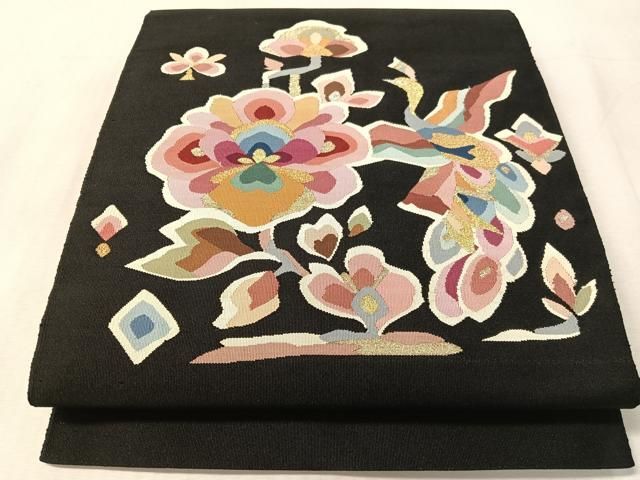 平和屋着物●爪掻き本綴れ　八寸名古屋帯　飛鳥花文　黒地　金銀糸　正絹　逸品　CABL0370vp