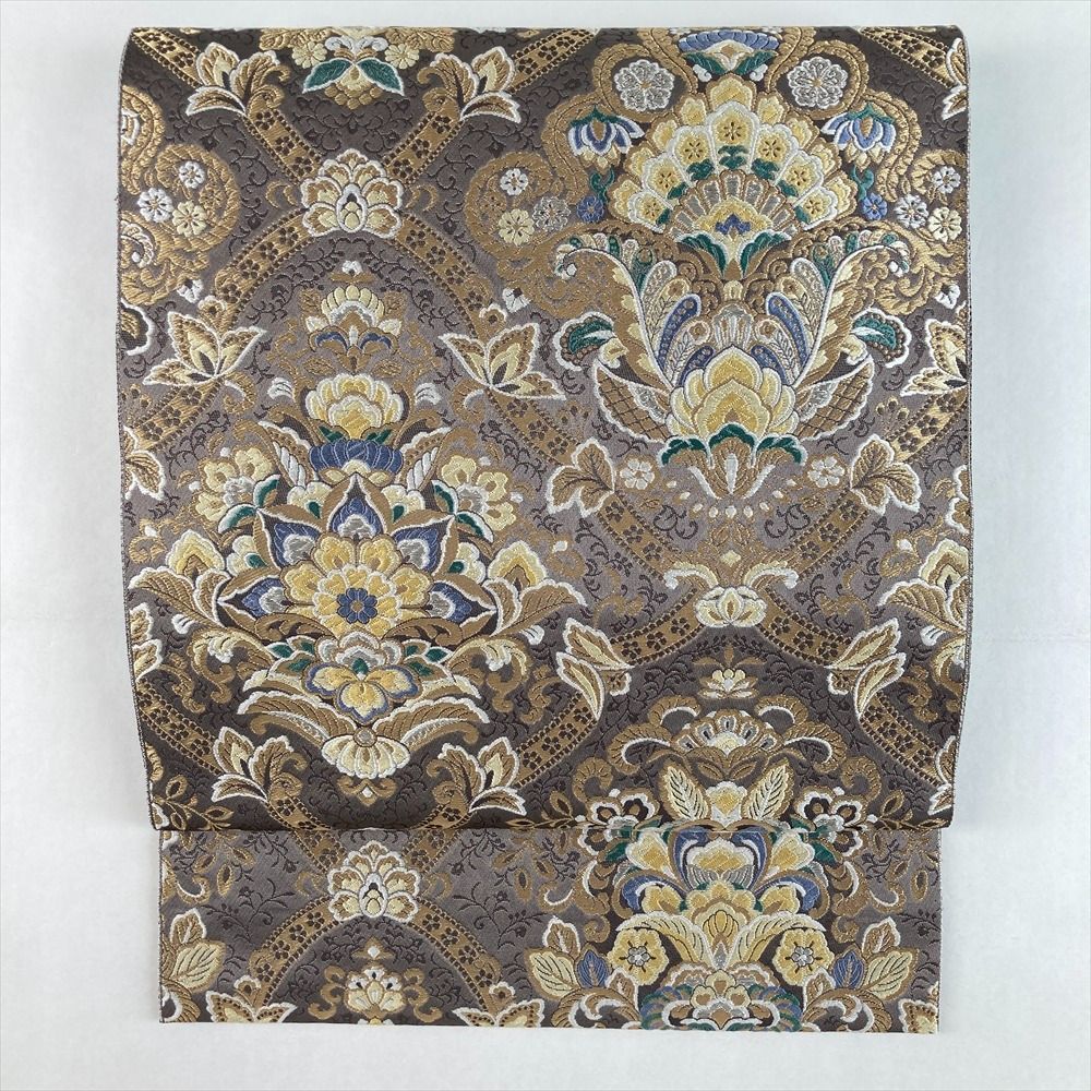 たんす屋 TANSU-YA リユース帯 帯 袋帯 グレージュ フォーマル セミフォーマル 織り 唐花紋 オリエンタル 服部織物 絹 六通 洗い済 7650004373025