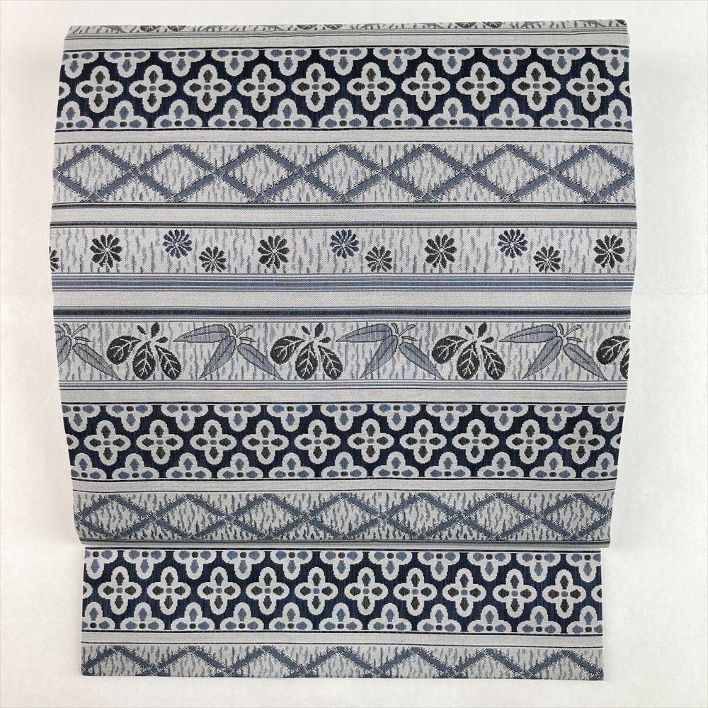 たんす屋 TANSU-YA リユース帯 帯 名古屋帯 グレー カジュアル 織り 横段 笹 花 古典柄 絹 洗い済 7650004394198