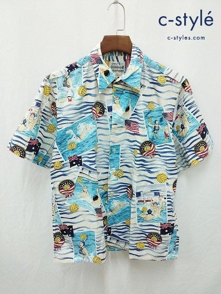 [人気] Reyn Spooner レインスプーナー アロハシャツ M ブルー系×アイボリー USA WATER POLO 2000 | ★ E810