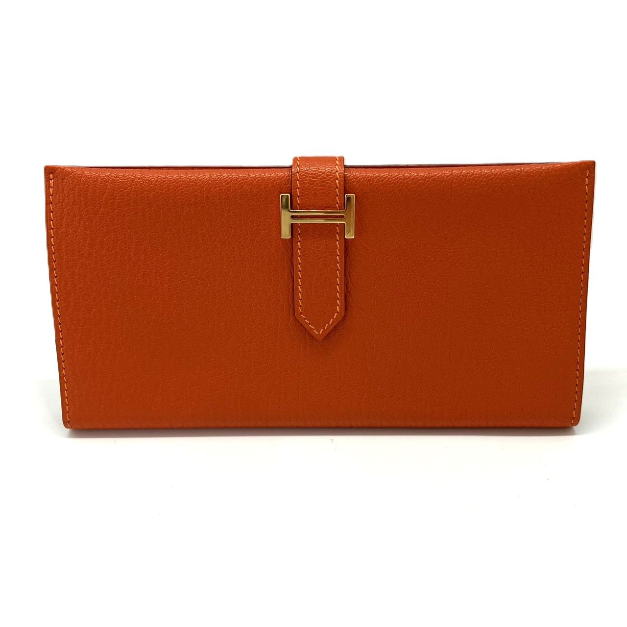エルメス ベアン クラシック シェーブル オレンジ ゴールド金具 折り財布 レザー □G刻印 HERMES Aランク 中古