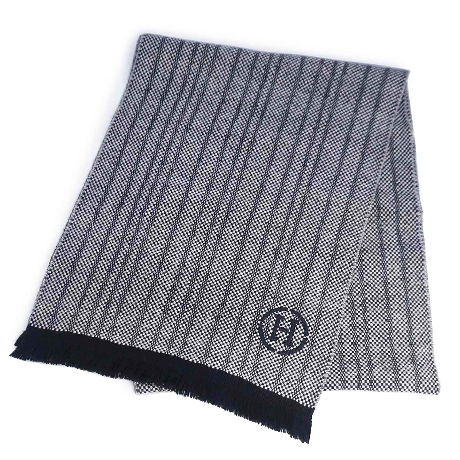 エルメス H レザー刺繍 ストライプ カシミヤ 100％ ノワール ブルー サフィール ブラック ネイビー マフラー 箱付 HERMES（新品・未使用品）