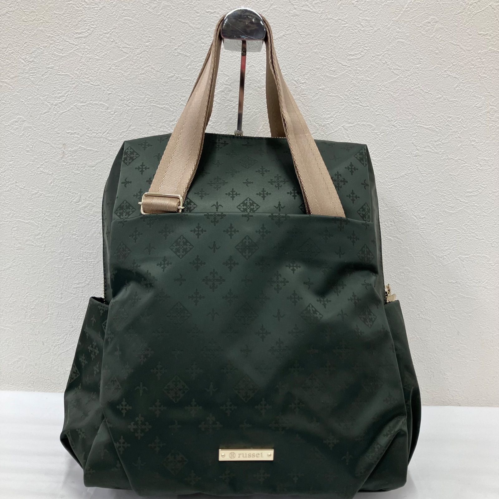 7299　【良品】　russet ラシット　2way　リュックサック　リュック　バックパック　トートバッグ　カーキ　オリーブ　グリーン　ベージュ　モノグラム　ナイロン　レディース　ポケット多数