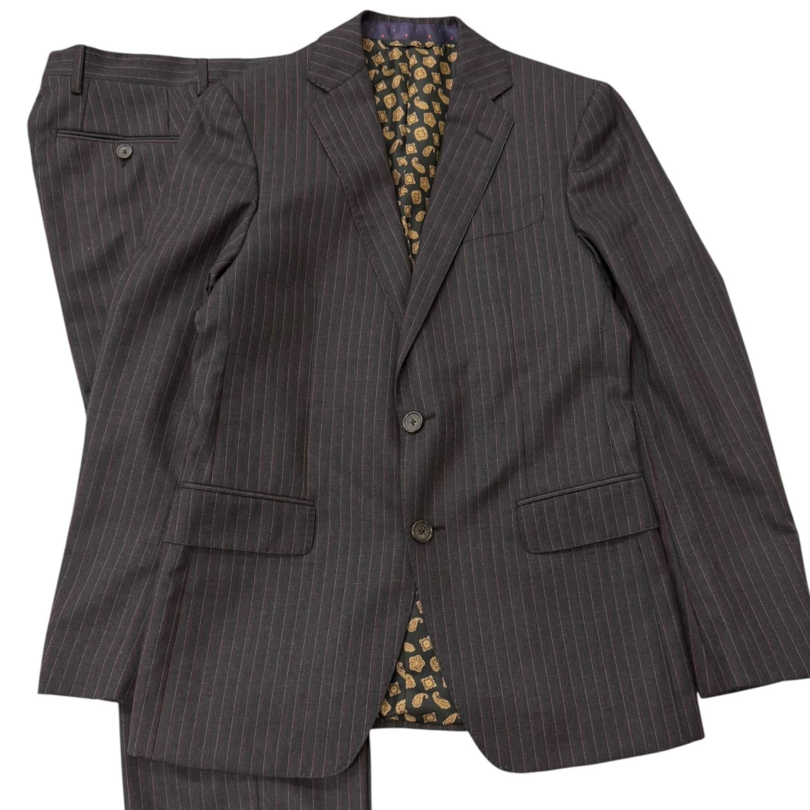 未使用品□ETRO エトロ ストライプ 裏ペイズリー柄/シルク100% シングルスーツ セットアップ チャコールグレー 46 イタリア製 正規品