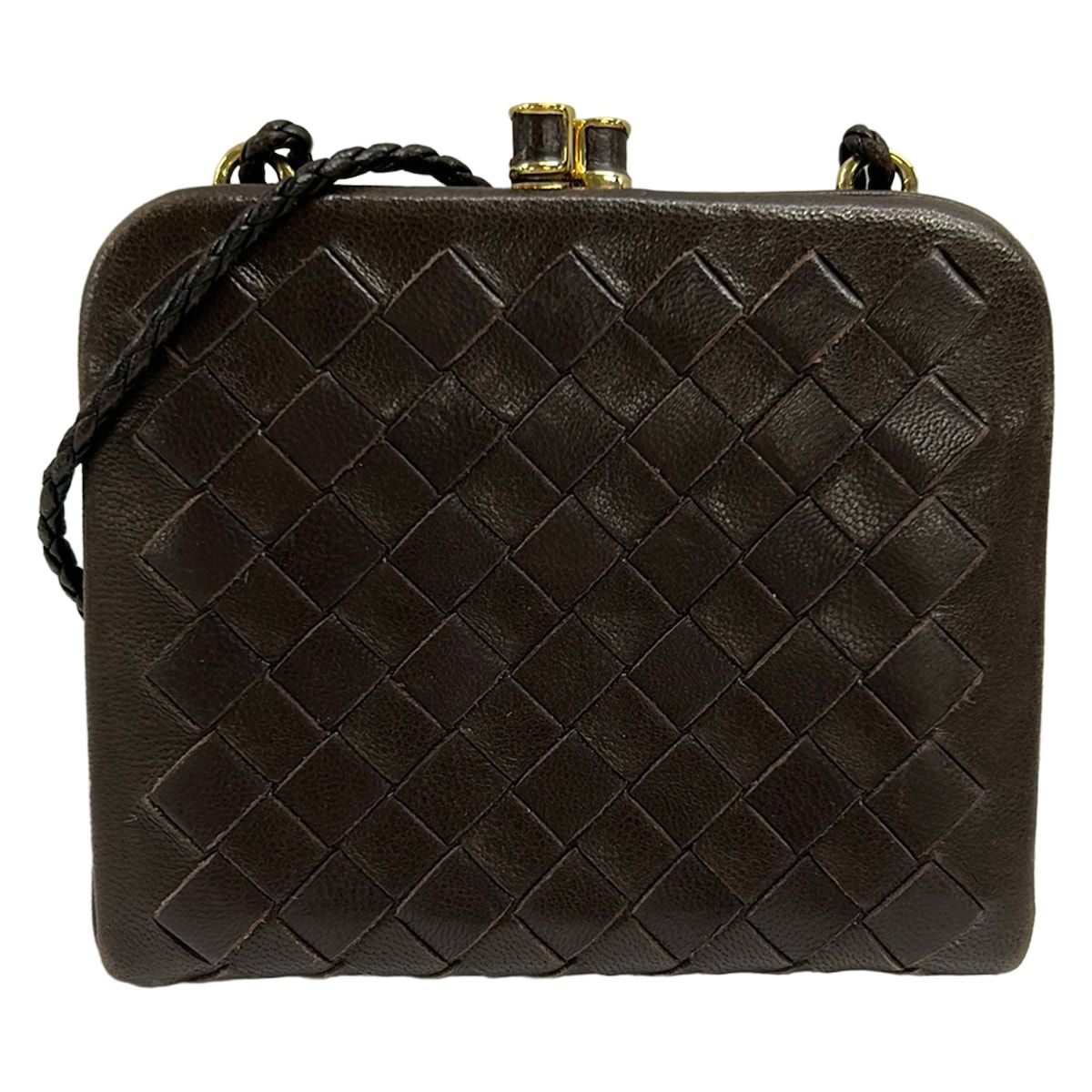 BOTTEGA VENETA(ボッテガヴェネタ) コインケース イントレチャート ダークブラウン がま口/ショルダーストラップ付き レザー