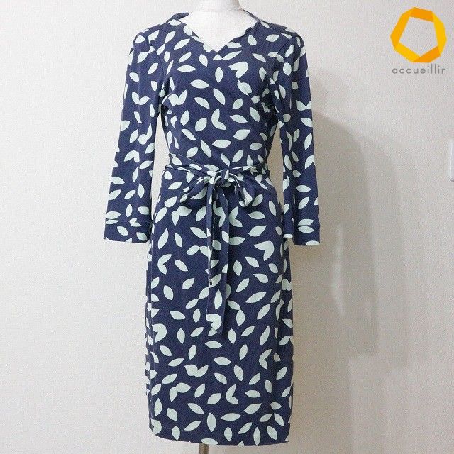 #anc ダイアンフォンファステンバーグ DVF ワンピース 14 薄い黄緑 紺 シルク カシュクール 七分袖 大きいサイズ レディース [1020877]
