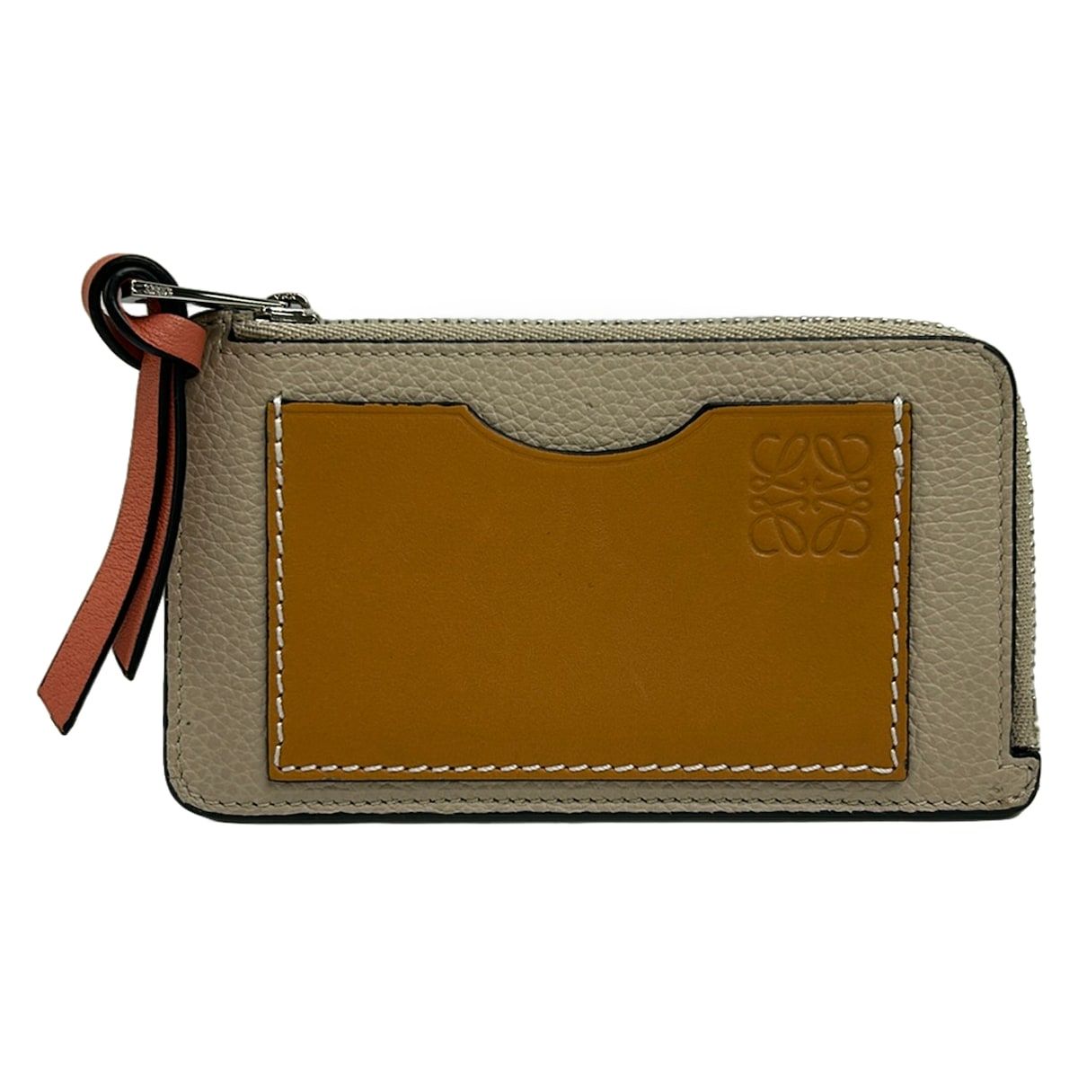 LOEWE(ロエベ) コインケース コインカードホルダー グレー×ライトブラウン×ピンク L字ファスナー レザー