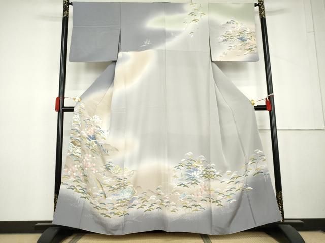 平和屋着物●訪問着　友禅　渡り橋風景松文　暈し染め　正絹　逸品　AABL6466cs