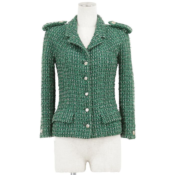 【美品】CHANEL シャネル ヴィンテージ ツイードジャケット サイズ 38 レディース 06C P27772 ロゴ COCOマーク メタルボタン アウター グリーン 緑 フランス製 カール・ラガーフェルド期
