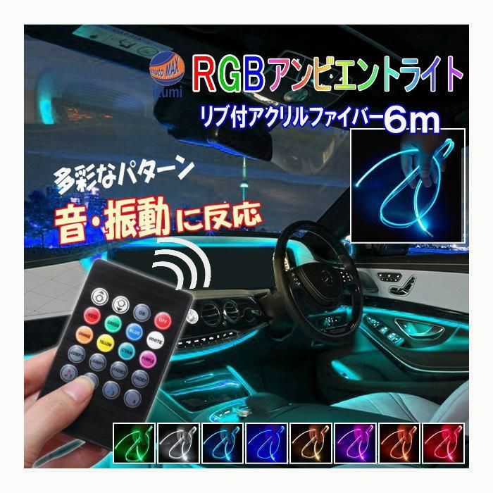 【送料無料】音に反応 RGBアンビエントライト キット LEDアクリルファイバー 6m リブ付き 後付け コード:45482