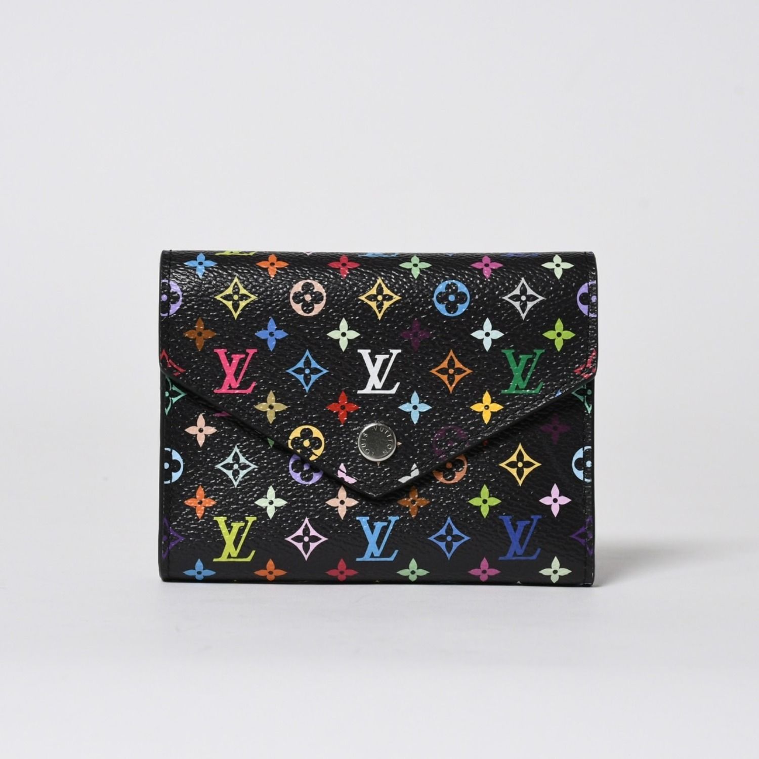 新品同様品 LOUIS VUITTON ルイヴィトン 村上隆 モノグラムマルチカラー ポルトフォイユ 三つ折り財布 M14163 ブラック マルチカラー シルバー金具 中古 4a006093