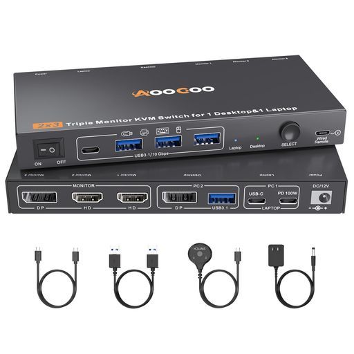 デスクトップ+ラップトップ,2入力3出力 3画面ディスプレイ USB-C HDMI DP Type-C KVMスイッチ 4K@60Hz USB3.0 KVM 切替器、100W PD、3台のモニターと1組のキーボード マウスを共有できる