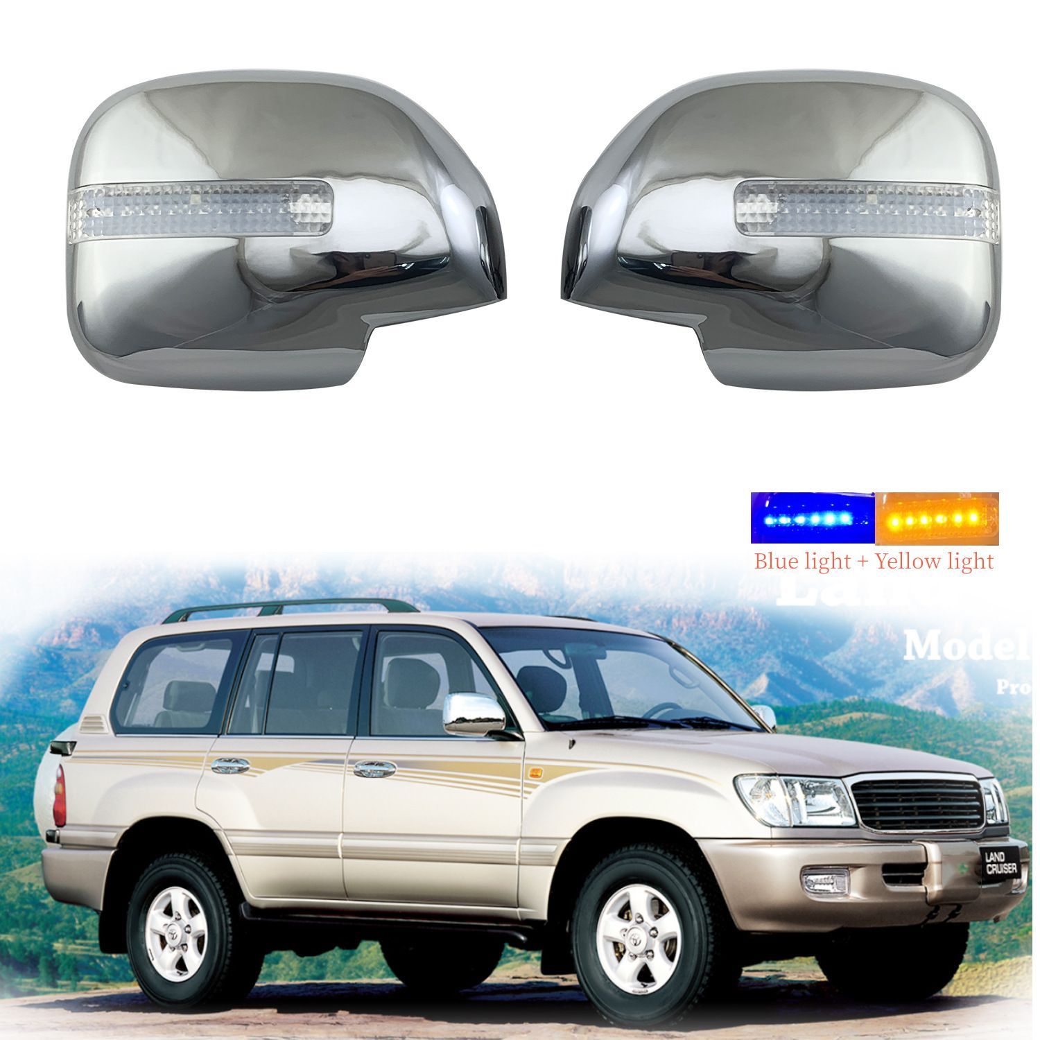 トヨタ ランドクルーザー FJ100 1998～2007年対応 ドアミラーカバー LED付き 左右2枚セット メッキシルバー ABS製 外装アクセントパーツ 8,135円