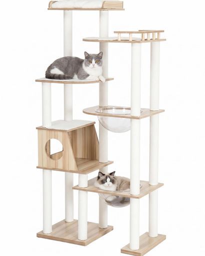 キャットタワー 木製 据え置き 大型猫&多頭飼い対応 透明ボウル付き 安定性 ダブルベース設計 おしゃれ 猫ハウス付き 爪とぎポール 高さ162cm 9,390円