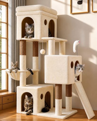 Globlazer キャットタワー 低い 多頭飼い 付い キャットハウス3つ ハンモック 子猫向 中型猫用 高さ133cm ベージュ F52B