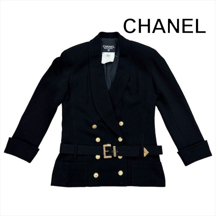 良品 CHANEL シャネル ココマーク ゴールドボタン ヴィンテージ ベルト付き ジャケット アウター ブラック レディース 38 h841