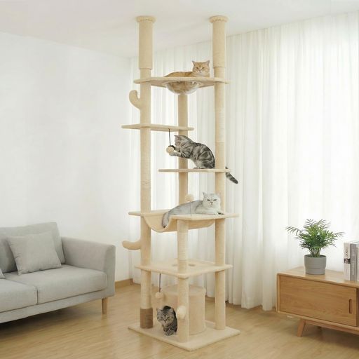 Footstep キャットタワー 猫タワー 突っ張り スリム 省スペース 据え置きタイプ 大型猫対応 多頭飼い 極太支柱 麻紐爪とぎ 宇宙船ハンモック付き ねこハウス ボンボン 組み立て簡単 据え置…