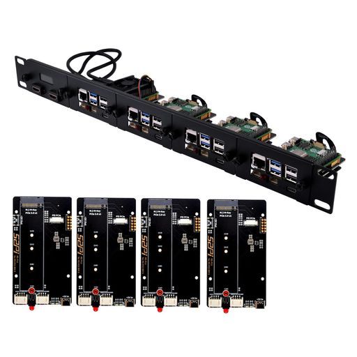 GeeekPi 19インチ 1U ラックマウント Raspberry Pi 5用 PCIe to M.2 NVMe SSDアダプター4個 OLEDディスプレイ 19インチサーバーラック対応