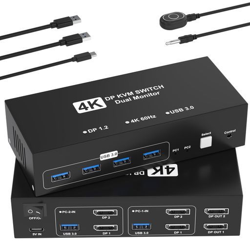 DisplayPort KVMスイッチ 2入力2出力 4K@60Hz デュアルモニター DisplayPort KVM 切替器