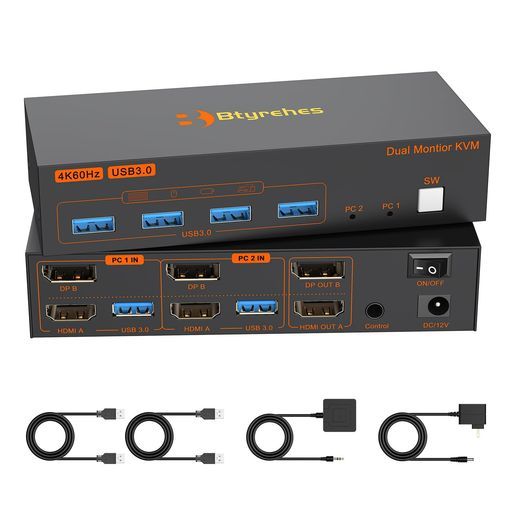 4K HDMI DisplayPort KVMスイッチ 2入力2出力 KVM 切替器 パソコン2台モニター2台切り替え 4つのUSB 3.0ポート キーボード/マウス/プリンター/他のデバイス対応 パソコン切替機 PC 切替機 USB 切替器