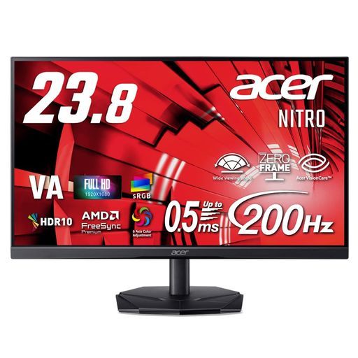 Acer 23.8インチ フルHD 200Hz 0.5ms(GTG) 広視野角 VA 非光沢 sRGB 99% AMD FreeSync Premium HDR10 ブラックブースト VRB対応 ブルーライト低減 HDMI 2.0 DisplayPort