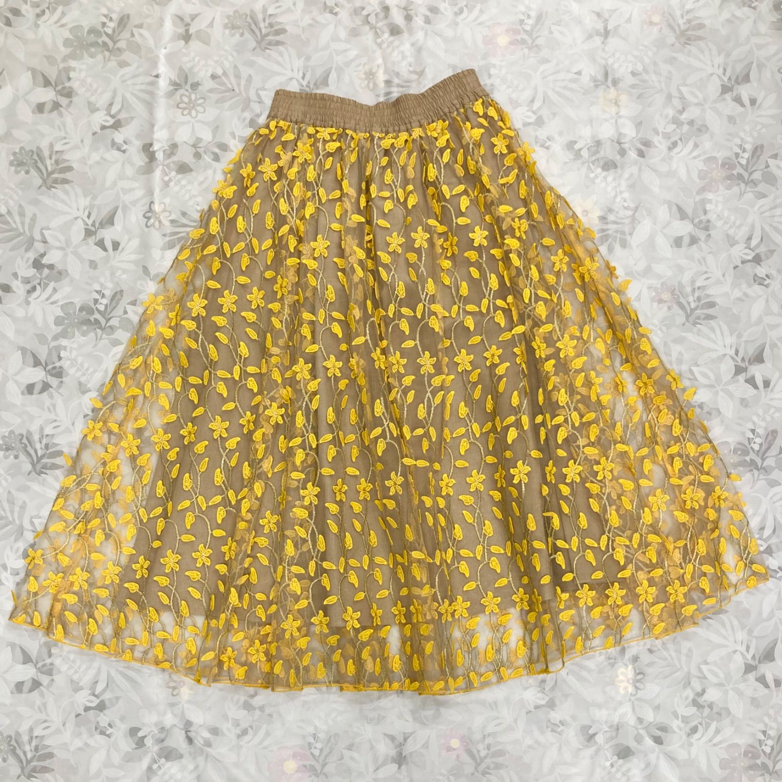 ダブルスタンダードクロージング 刺繍チュールスカート リーフ刺繍 花柄刺繍 36 Sサイズ相当 イエロー 黄色 ロングフレアスカート 0302-220-221 ダブスタ DOUBLESTANDARDCLOTHING 10,585円