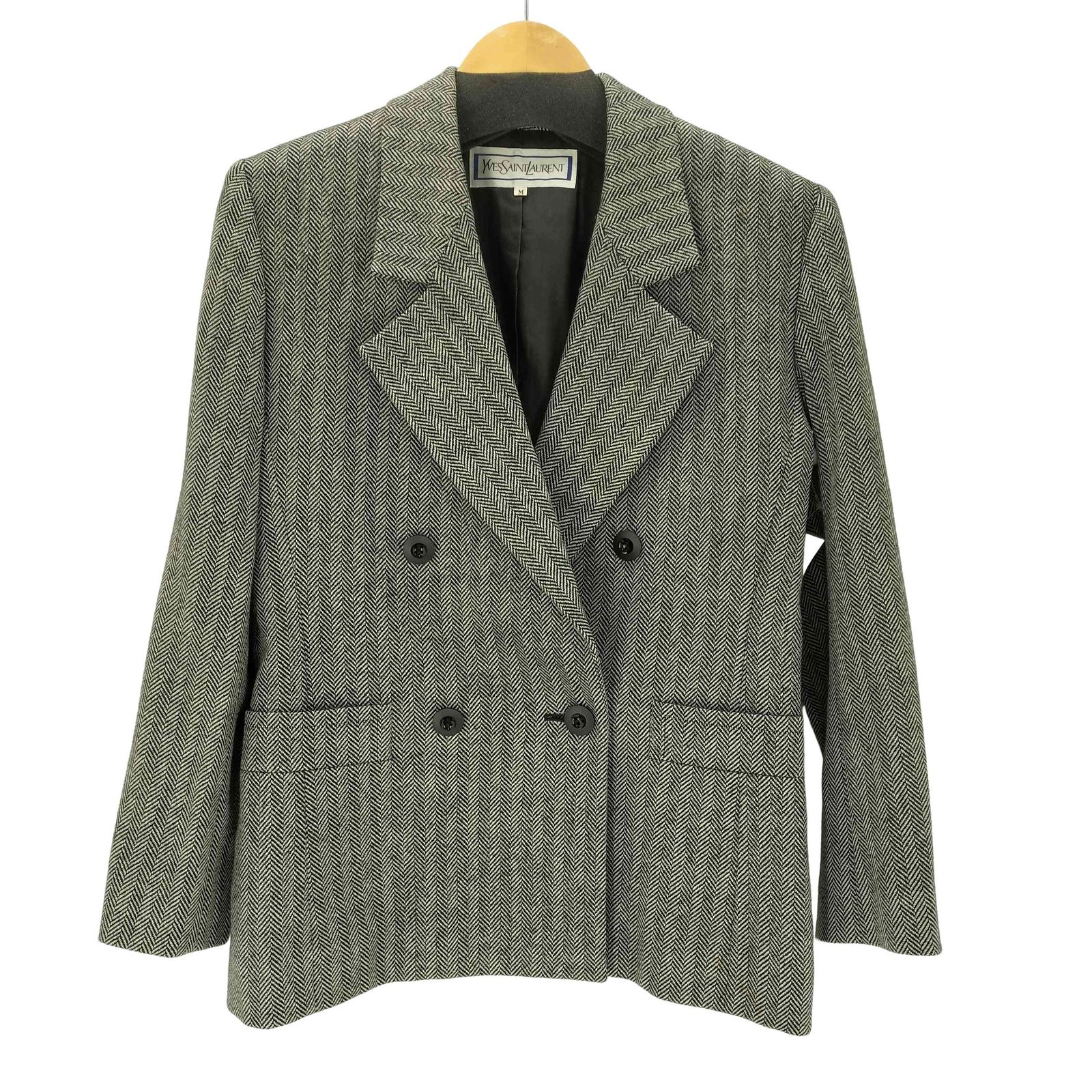 イヴサンローラン Yves Saint Laurent 80-90S OLD ウール ヘリンボーン ダブル テーラード ジャケット スカート セットアップ レディース import：M