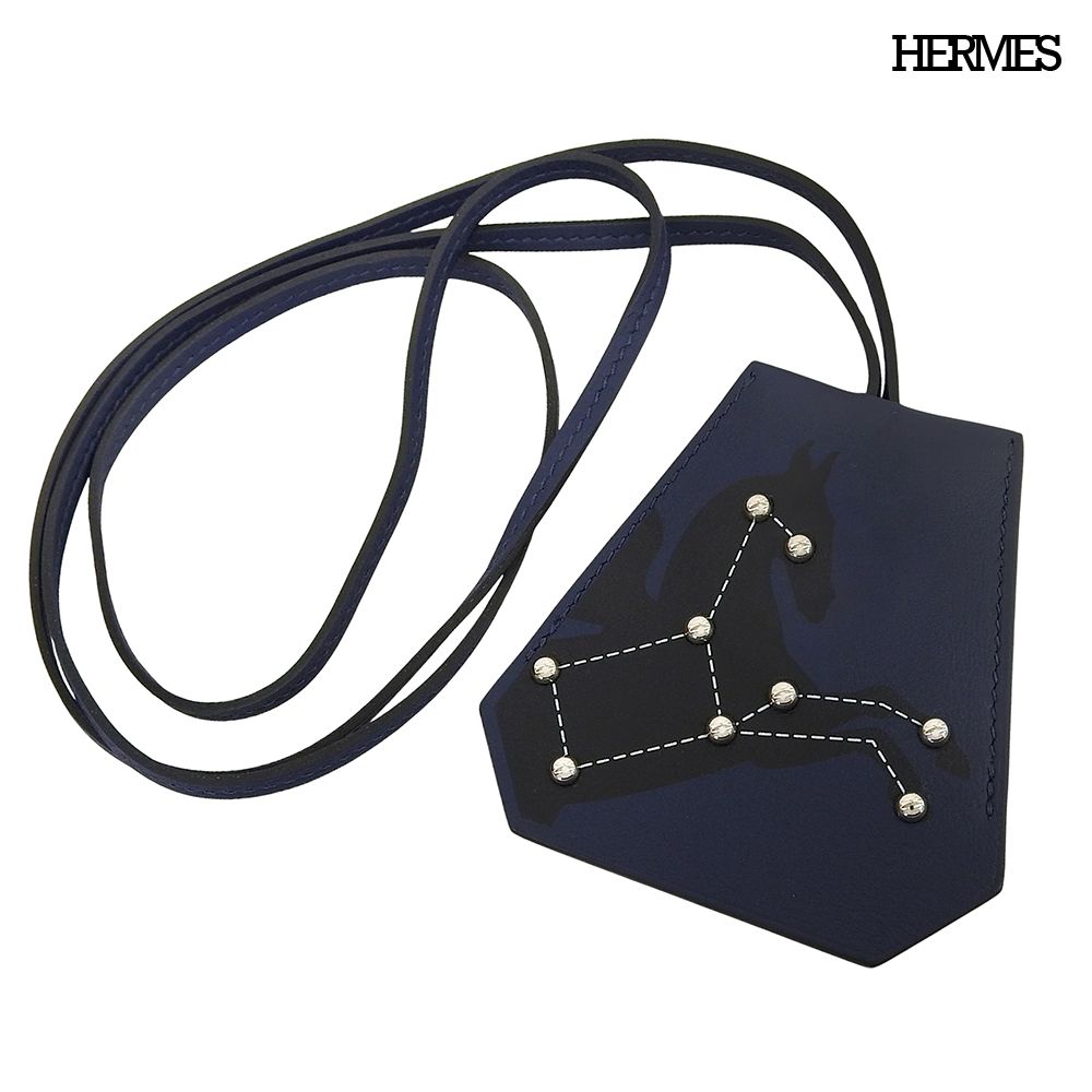 箱付未使用 エルメス HERMES 現行販売商品 レザー クロシェット ネックレス ペガサス 星座 シルバードット ロングサイズ ネイビー