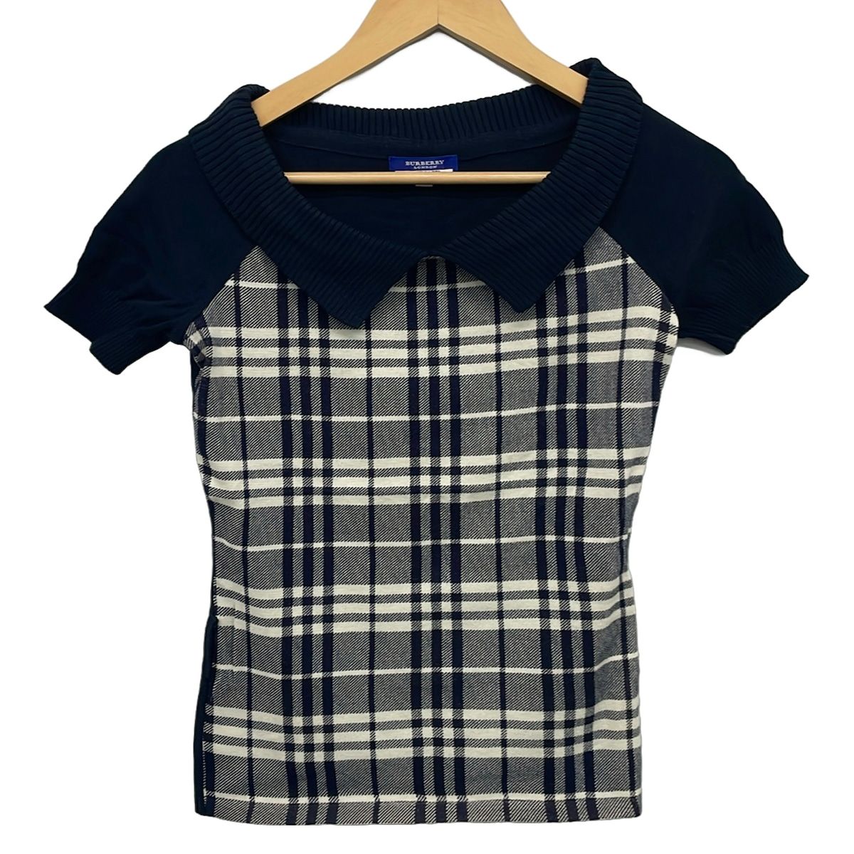 Burberry Blue Label(バーバリーブルーレーベル) 半袖セーター サイズM レディース美品 - ダークネイビー×アイボリー チェック柄