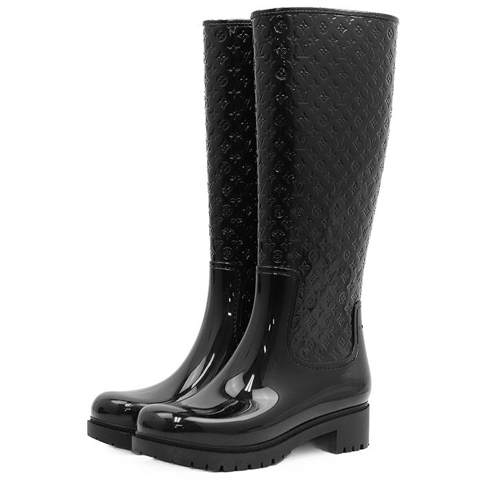 SALE【極美品】LOUIS VUITTON ルイ・ヴィトン レインブーツ サイズ 36 レディース スプラッシュライン ロゴ LV モノグラム エンボス ラバー ロングブーツ シューズ 防水 靴 箱/袋付属 ブラック 黒 イタリア製