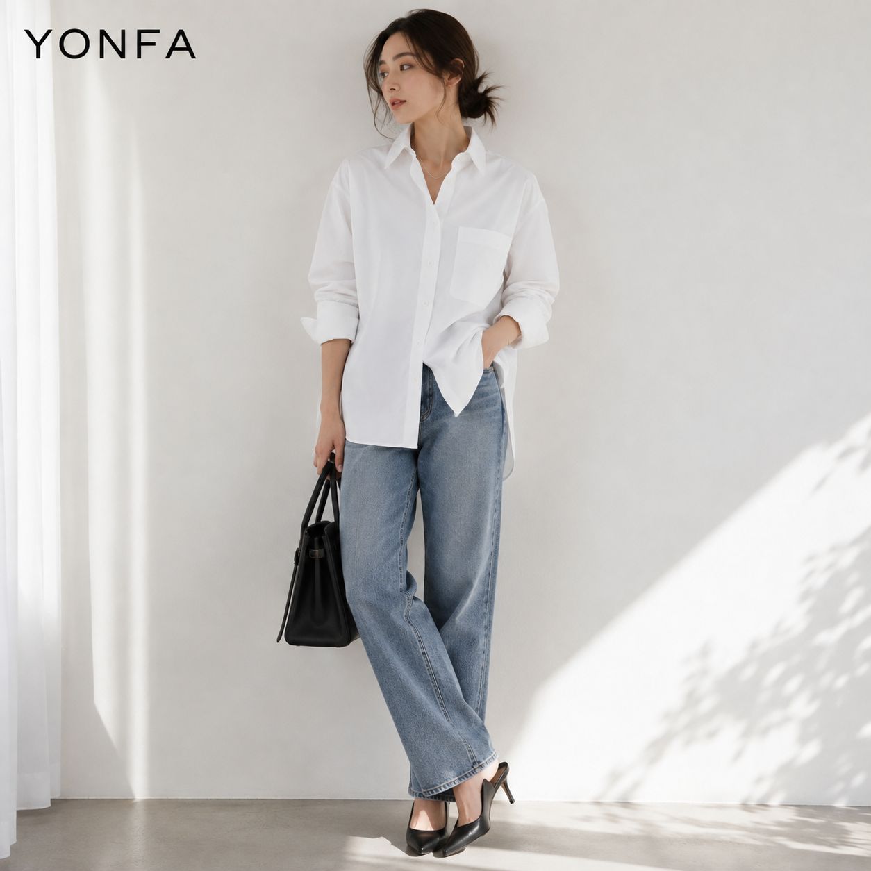 【新品同様の美しさ / オーバーシルエットのリラックス感】YONFA / ヨンファ F 「フリーサイズ」ホワイト ブラウス シャツ コットン【クリーニング済】 万能デザイン 大人カジュアル 美シルエット 通年 オールシーズン