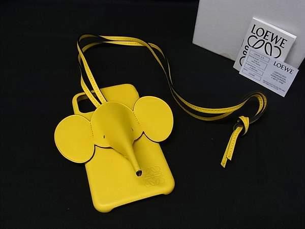 ■美品■ LOEWE ロエベ アナグラム レザー iPhone11 対応 エレファント 像 ショルダーストラップ スマホケース イエロー系 GE0823