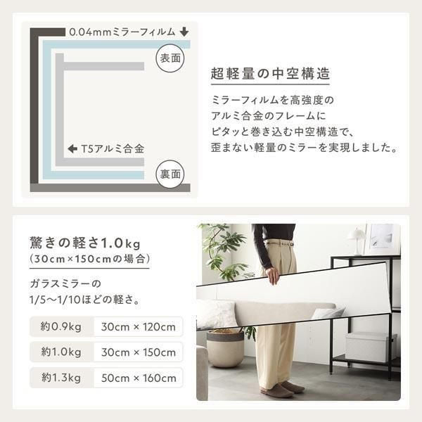 インテリア小物 割れない ミラー フィルムミラー 約30×150cm ブラック