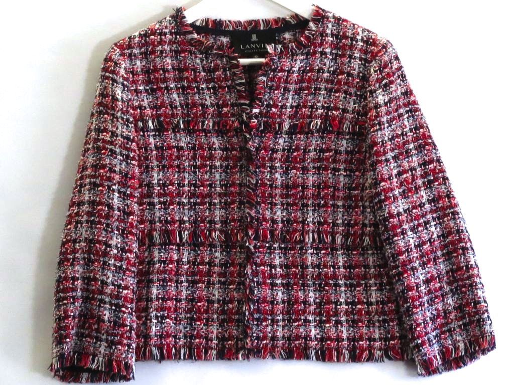 【233695】LANVIN COLLECTION ランバンコレクション ツィード/フリンジ　ラメ糸　ノーカラー ジャケット ・40 2735255 レッド|ネイビー