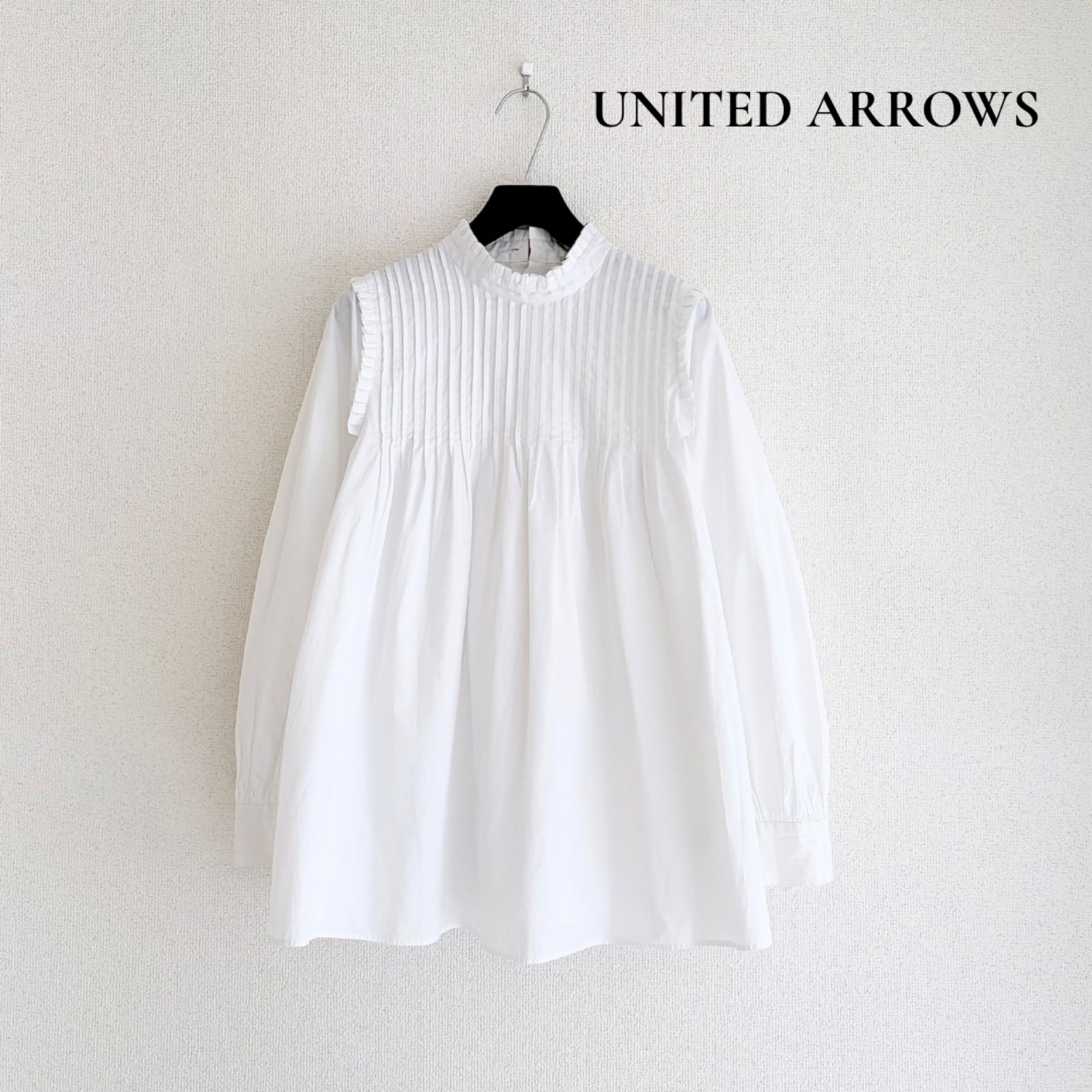 ◆訳あり◆ UNITED ARROWS ピンタックブラウス フリルネック 長袖 ギャザーブラウス ホワイト 白 36 ユナイテッドアローズ A126