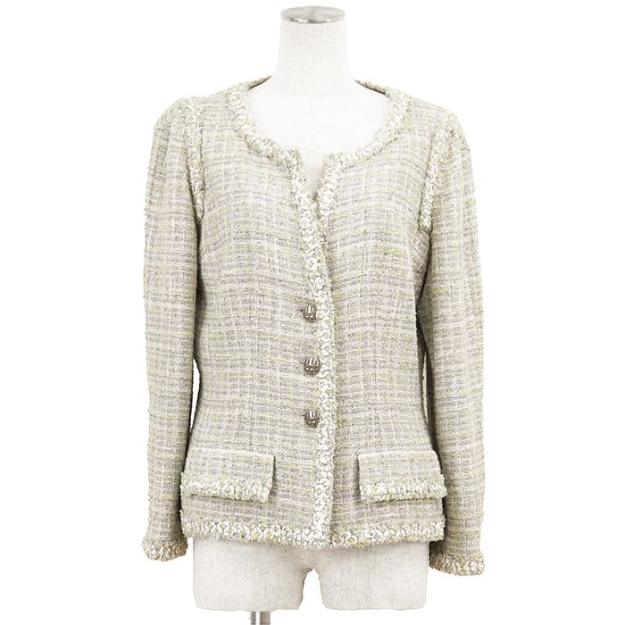 【美品】CHANEL シャネル ジャケット ツイード サイズ 42 レディース 09P P35582 メタリック COCOマーク ロゴ ボタン ノーカラー アウター グレー ライトグリーン 灰色 緑 フランス製 カール・ラガーフェルド期