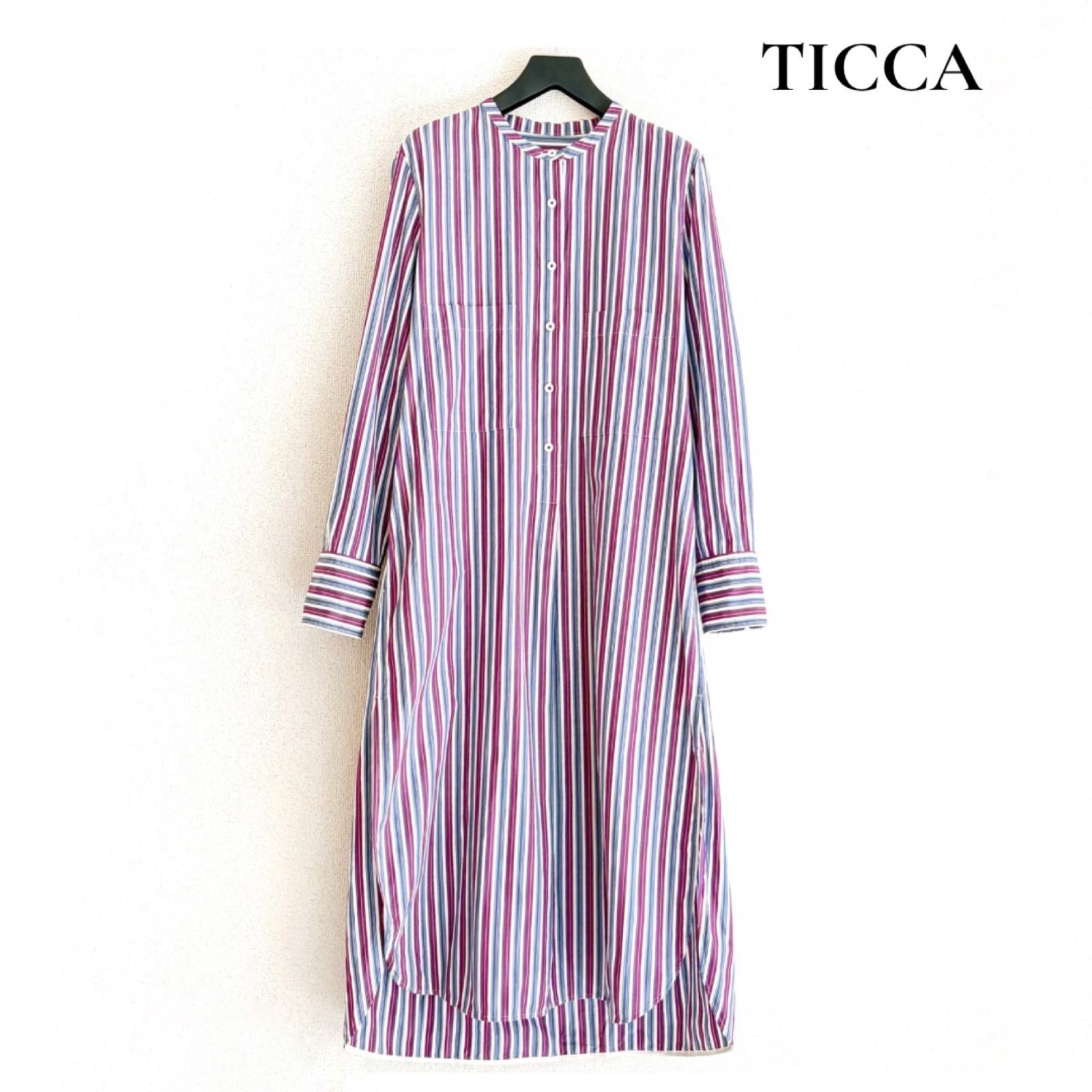 TICCA ティッカ ソメロス マルチストライプ ノーカラー ロングシャツワンピース コットン100％ 日本製 長袖 A135