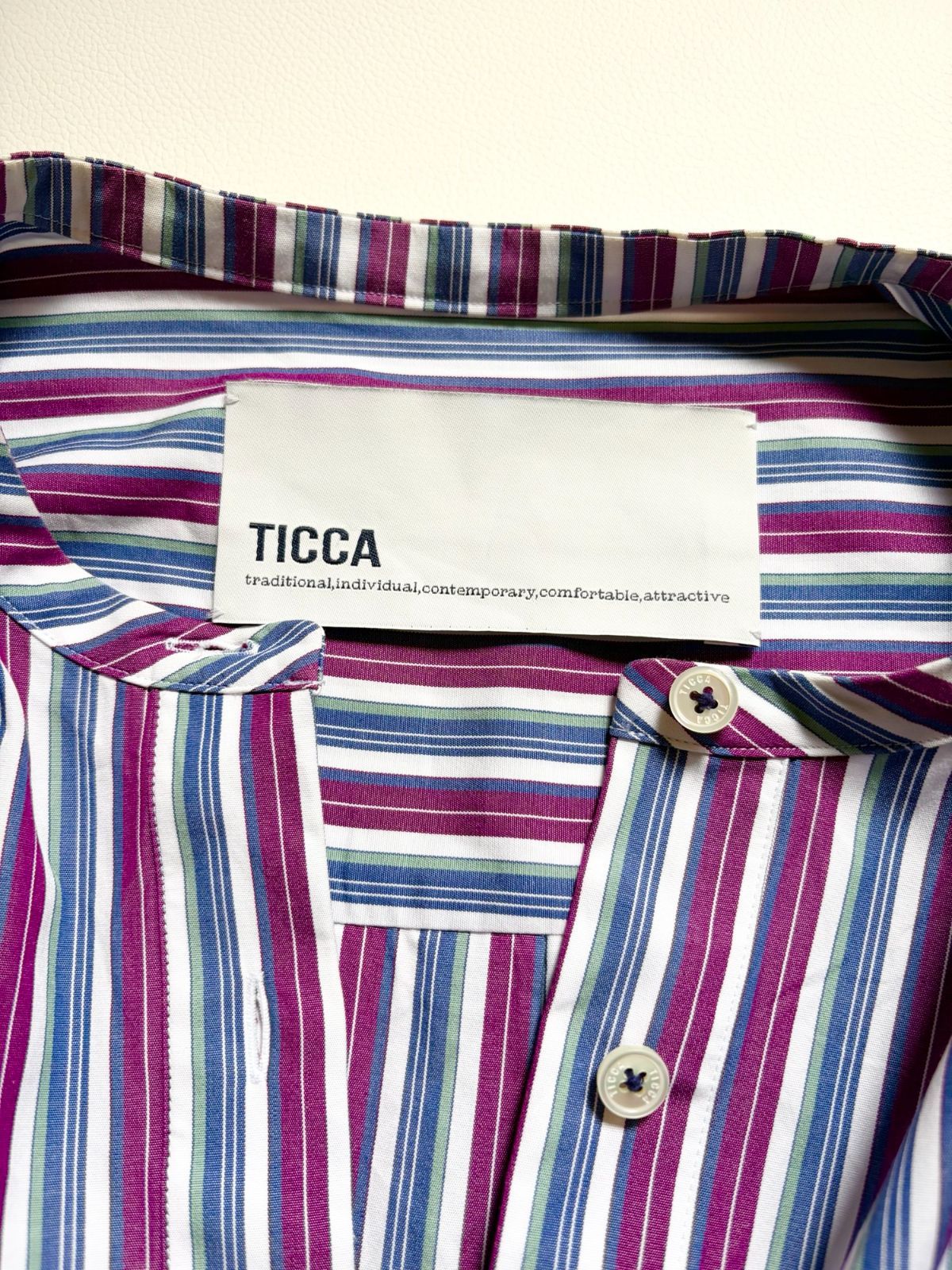 TICCA ティッカ ソメロス マルチストライプ ノーカラー ロングシャツ