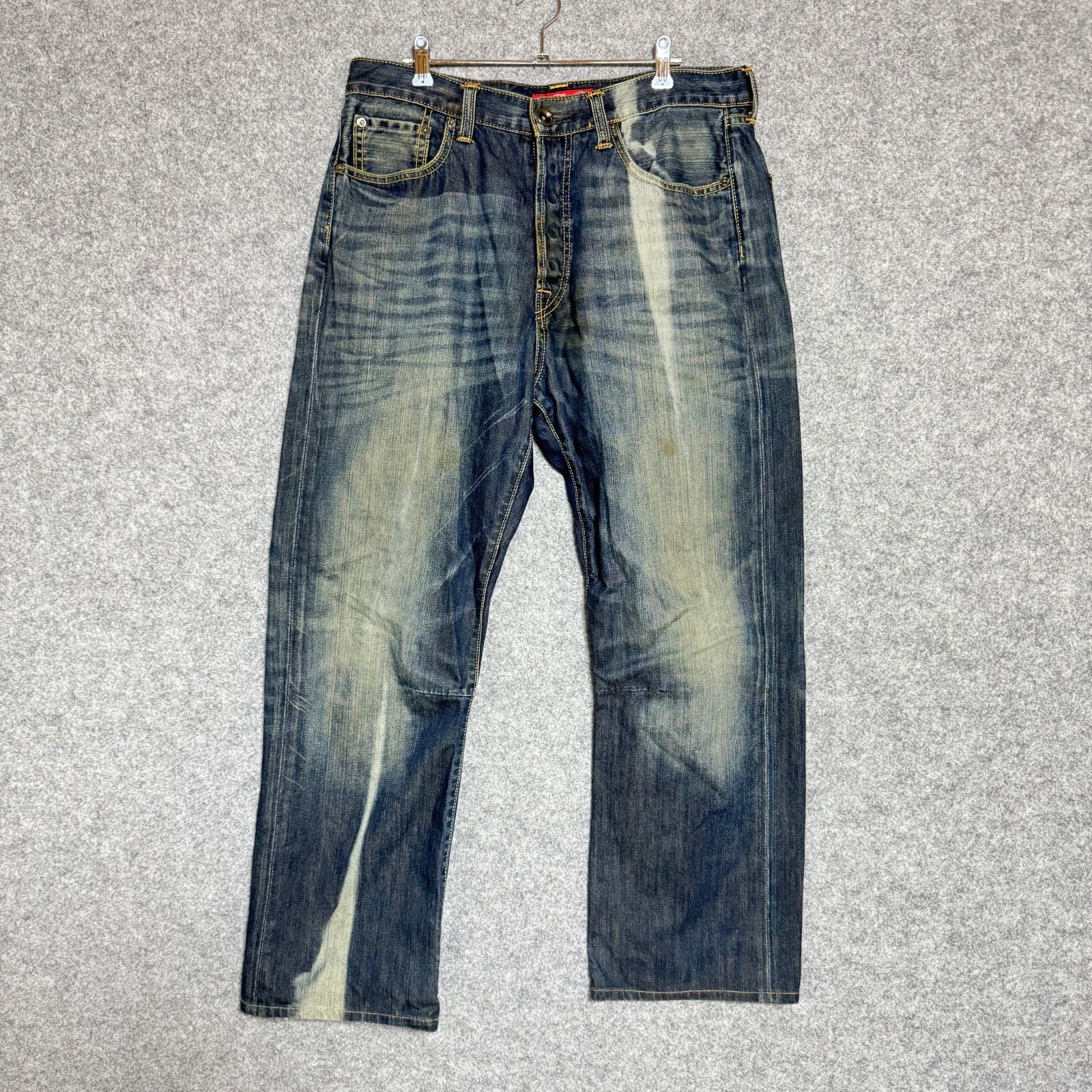 【希少】Ed Hardy エドハーディ バックポケット タイガー 虎 ペイント デニムパンツ ジーンズ メンズ W34 L32 XLサイズ相当 インディゴ ヒゲ ハチノス加工 Y2K ストリート アメカジ 2000年代