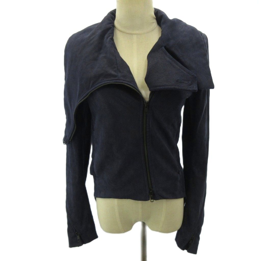 アンドゥムルメステール ANN DEMEULEMEESTER 本人期 黒タグ ライダースジャケット ラムレザー ジップアップ ショート丈 34 青 ブルー 0806