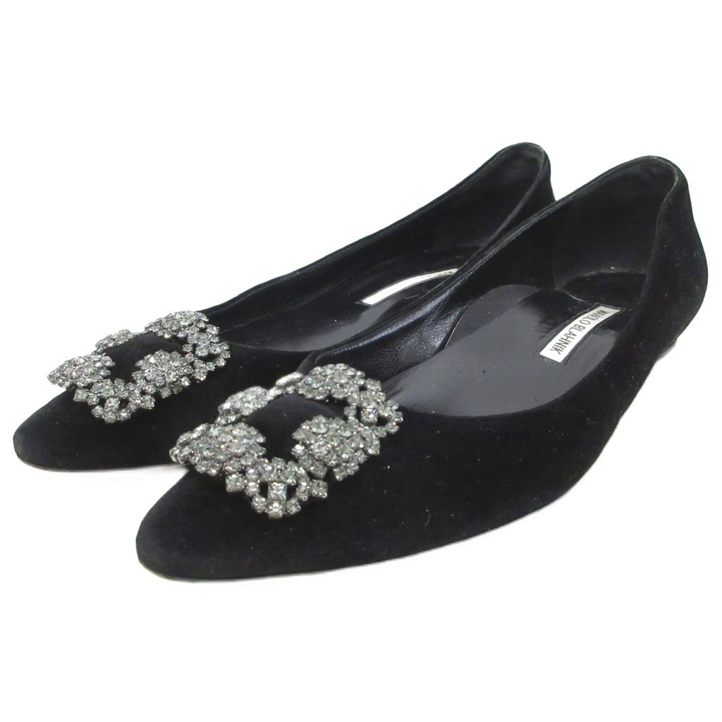 マノロブラニク MANOLO BLAHNIK ハンギシ Hangishi フラットシューズ バレエシューズ ベルベット ビジュー ポインテッドトゥ 39 黒 ブラック ■IBO101