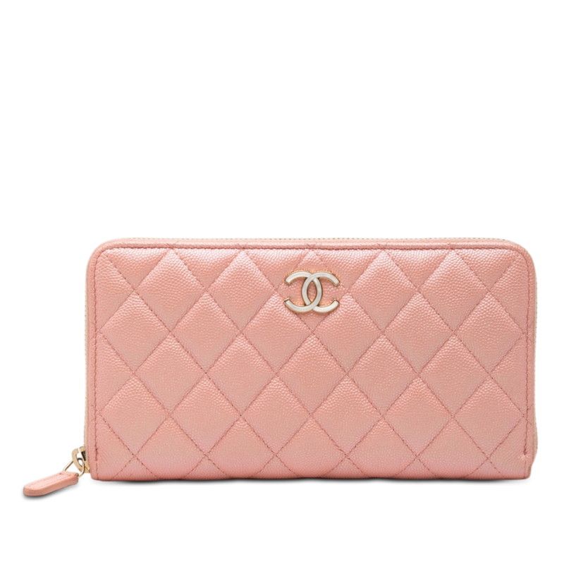 シャネル ココマーク マトラッセ ラウンドファスナー 長財布 ピンク キャビアスキン レディース CHANEL【1-0281124】